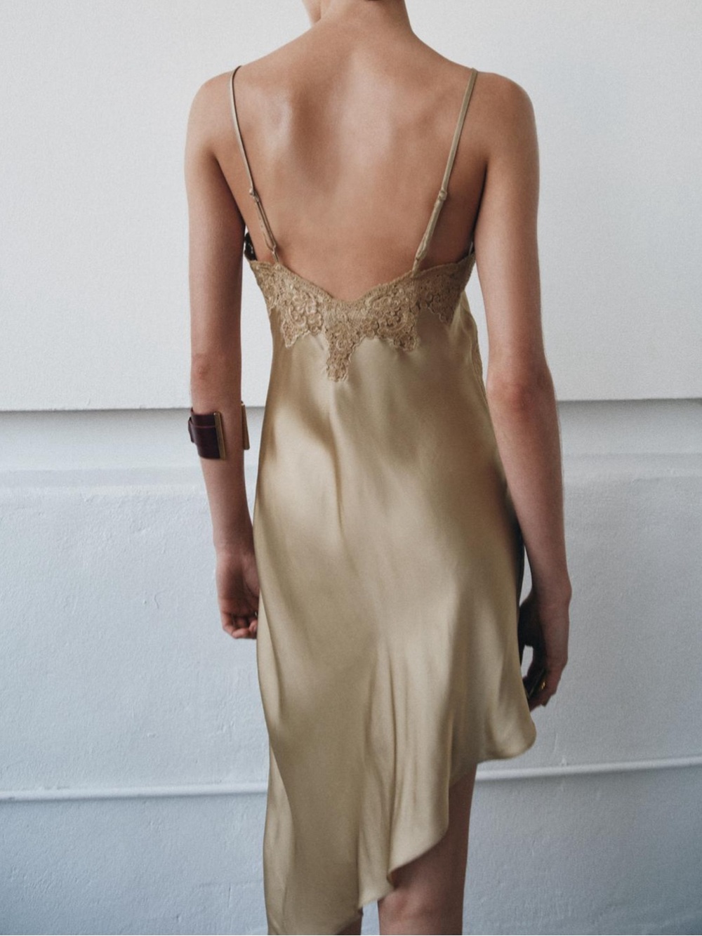 Zara Golden-Tan Asymmetrical Slip Dress with Lace Trim - Picture 3 of 5